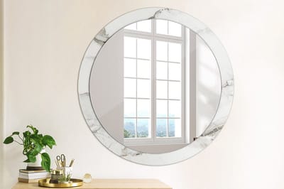 Wallfluent Bedrukte Ronde Spiegel - Ronde Spiegel Met Bedrukte Lijst Wit Marmer - 90 cm / 76 cm - Wit - Wit Ronde Spiegel Met Decoratie - Woonkamerspiegel - Inloopkastspiegel - Hal - Spiegel Met Haken