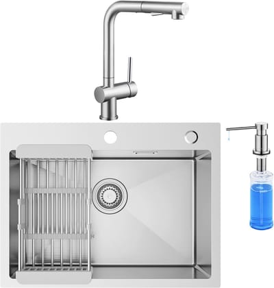 SOFETIY MAX Spoelbak voor keuken 60 x 45 cm - Spoelbakken Keuken Met Keukenkraan met Uittrekbare Uitloop en Zeepdispenser 300ML - Wasbak Keuken Met Aftapmand en Waterafvoersysteem