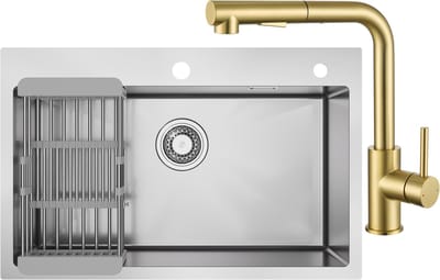 CECIPA max Spoelbak 70x45cm - Spoelbak Keuken RVS - Spoelbakken Keuken Met Goud Keukenkraan met Uittrekbare Uitloop - Wasbak Keuken met Afvoersysteem- Geschikt voor 80 cm spoelbakkast
