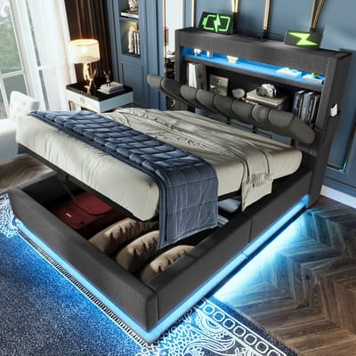 Gestoffeerd eenpersoonsbed met LED en hydraulische opbergruimte - 90x200 cm - Grijs - Opbergvak in hoofdeinde en USB/Type-C lader - Verstelbare LED-verlichting aan hoofd- en voeteneinde - Stabiel metalen frame