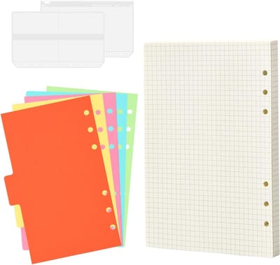 A5 Ringband met 80 Vellen, Navulpapier, 6 Gaten, 5 Tabs en 2 Enveloppen voor Notities en Planners, 100gsm Kwaliteit