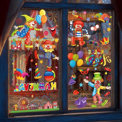 Carnaval Circus Raamdecoratie - 9 Vellen Kleurrijke Versiering voor Feestelijke Decoratie