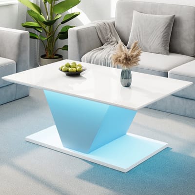 MODENUIT Salontafel - V-Vorm Met LED - Voor Woonkamer En Kleine Ruimtes - Wit Spaanplaat - 100x50x46 Cm
