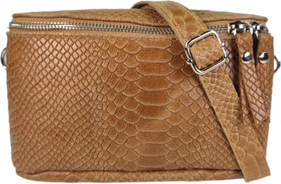 Qischa® - Crossbody fashion heuptas/bumbag - zacht leder - camel croq - zilveren ritssluiting