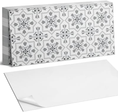 Coloray Plaktegels - Patroon met bloemmotieven Zelfklevende Wandtegels - 40 cm x 20 cm - Grijs Plaktegels - 10 stuks - Rechthoek PVC Tegels - Plaktegels Badkamer - Vloertegels Zelfklevend - Vinyl Tegels - Portugese Tegels