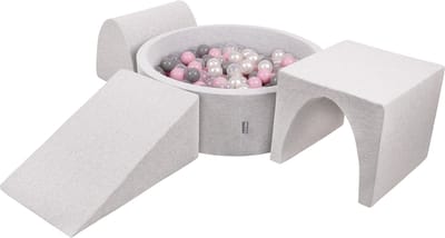 KiddyMoon schuimspeelplaats met rond ballenbad (200 ballen) ballenbakken voor baby's speelbad hindernisbanen, made in the eu, lichtgrijs:pearl/grijs/transparant/powderroze
