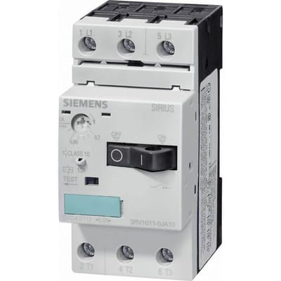 Siemens 3RV1011-1AA10 Vermogensschakelaar 1 stuk(s) 3x NO Instelbereik (stroomsterkte): 1.1 - 1.6 A Schakelspanning (max.): 690 V/AC (b x h x d) 45 x