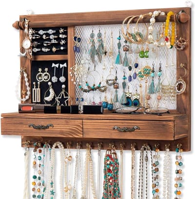 Wandsieradenstandaard - sieradenhouder houten wandorganizer met armbandstang - 21 haken - lade voor sieradenopslag - oorbellen - oorstekers - kettingen - armbanden - ringen