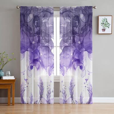 Paarse Veer Aquarel Transparante Gordijnen voor Woonkamer Decoratie Raamgordijnen voor Keuken Tule Voile Organza Gordijnen W135 x H115cm x1 blue