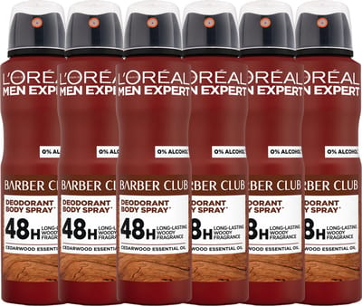 L'Oréal Paris Men Expert Barberclub Deodorant Spray - 48U anti-geur bescherming - Houtachtige Geur -Alcoholvrij - 150ml x6