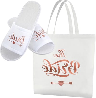 2 Stuks Bruids Cadeausets 35 x 40cm Bruid Canvas Tote Tassen Roze Gouden Spa Slippers Bruiloft Geschenken voor Huwelijksdag en Verloving