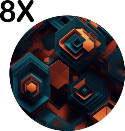 Luxe Ronde Placemat - Artistiek Blauw met Oranje Patroon - Set van 8 Placemats - 50x50 cm - 2 mm dik Vinyl - Anti Slip - Afneembaar