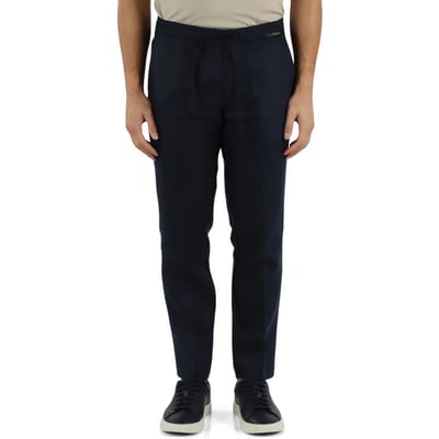 blauwe man linnen broek