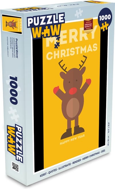 Puzzel Kerst - Quotes - Illustratie - Rendier - Merry Christmas - Geel - Legpuzzel - Puzzel 1000 stukjes volwassenen - Kerst - Cadeau - Kerstcadeau voor mannen, vrouwen en kinderen