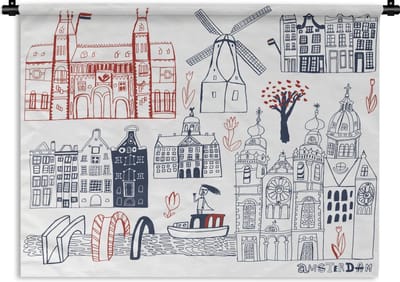 Wandkleed Amsterdam illustratie - Illustratie van gebouwen in Amsterdam Wandkleed katoen 150x112 cm - Wandtapijt met foto