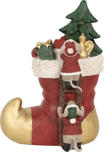 Clayre & Eef Kerstdecoratie met LED-verlichting Laars 14x10x19 cm Rood Polyresin Muis