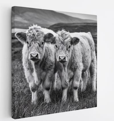Saammp Canvas Schilderij - 2 Schotse Hooglander Koeien in Schotland - Natuur - Dieren - 20x20 - Foto op canvas - Wanddecoratie - Muurdecoratie Woonkamer - Slaapkamer decoratie - Canvas Print