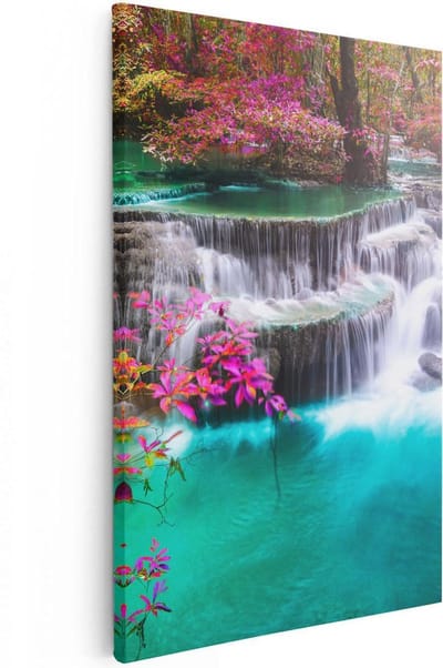 Artaza Canvas Schilderij Waterval - 20x30 cm - Klein - Wanddecoratie Landschap - Muurdecoratie Tropisch Bos - Kamer Accessoires Bloemen