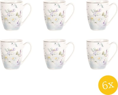 Clayre & Eef Mok set van 6 stuks 360 ml Wit Blauw Porselein Rond Bloemen Theemok