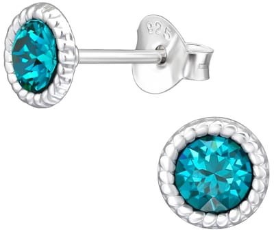 Joy|S - Zilveren ronde oorbellen - kristal turquoise blauw / groen - 6 mm - oorknoppen - sterling zilver 925 - zilver bolletjes randje
