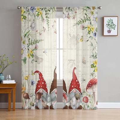 Paddenstoel Dwergen Planten Bloemen Doorzichtige Voile Raambekleding Tule Gordijnen Woonkamer Balkon Decoratie Gordijnen 135W x 114H(cm) white