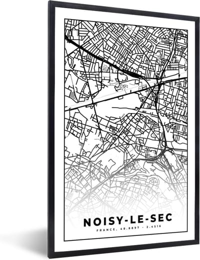Fotolijst incl. Poster Zwart Wit- Stadskaart - Noisy-le-Sec - Plattegrond - Kaart - Frankrijk - Zwart wit - 40x60 cm - Posterlijst