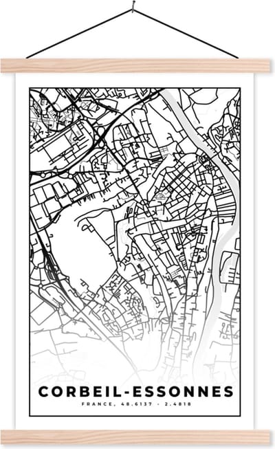 Posterhanger incl. Poster 40x60 cm - Schoolplaat - Kaart - Corbeil-Essonnes - Stadskaart - Frankrijk - Plattegrond - Zwart wit - Textielposter - Blanke latten - Stadskaart