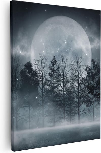 Artaza Canvas Schilderij Bos Bij Nacht - 40x50 cm - Wanddecoratie Maan - Muurdecoratie Landschap - Kamer Accessoires Mist