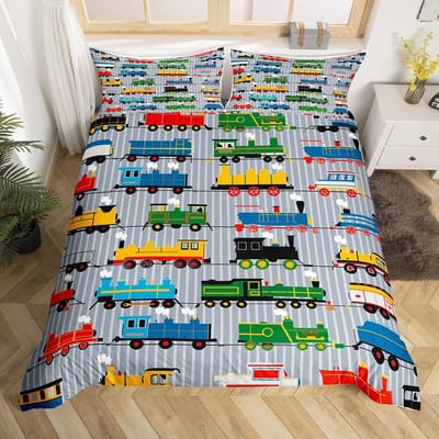 Vintage Stoomtrein Dekbedovertrek Cartoon Klassiek Spoorweg Retro Beddengoed Set Cadeau voor Meisjes Jongens Reis Locomotief Trein Bed Overtrek US King(264*228cm)3pcs