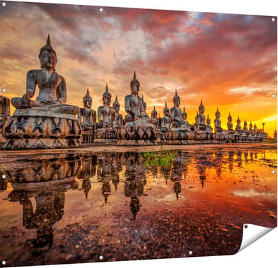 Gards Tuinposter Boeddha Beelden tijdens Zonsondergang - 150x120 cm - Tuindoek - Tuindecoratie - Wanddecoratie buiten - Tuinschilderij
