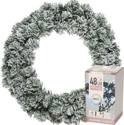 Decoris Kerstkrans - groen met sneeuw - D40 cm - incl. verlichting helder wit