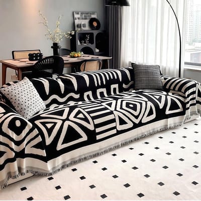 Pluche Sofa Plaid - Grote, Omkeerbare Sprei voor Bank en Stoel - Zwart Bohemian Patroon (180x230 cm)