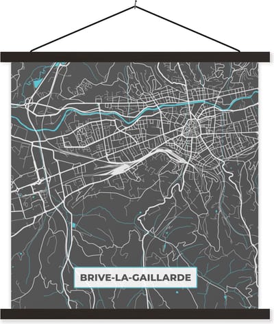 Posterhanger incl. Poster 60x60 cm - Schoolplaat - Plattegrond - Kaart - Stadskaart - Brive-la-Gaillarde - Frankrijk - Textielposter - Zwarte latten - Stadskaart