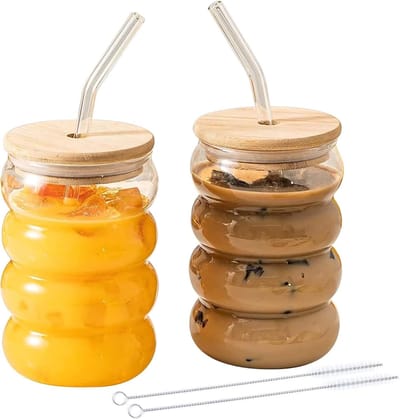 Set van 2 Bubble Tea bekers, latte macchiato-glazen, 300 ml drinkglazen met 2 deksels, 2 rietjes en 1 borstel, glazen bekers met deksel, ijskoffieglazen voor ijskoffie, cocktail, smoothieglas, bier
