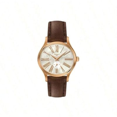 Dameshorloge met kwartsuurwerk, Zwitsers dameshorloge, witte wijzerplaat, roestvrijstalen kast, veelkleurige lederen band, elegant T103.310.36.113.00 bruin