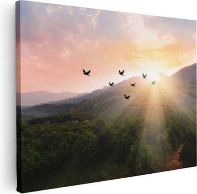 Artaza Canvas Schilderij Zonsondergang - 40x30 cm - Klein - Wanddecoratie Bergen - Muurdecoratie Vogels - Kamer Accessoires Natuur