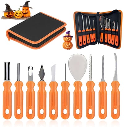 Dailygoods- Pompoen Snijgereedschap 10-delig - Halloween Set - Ergonomische Handgrepen - Antislip - Etui met Ritssluiting - Compact Ontwerp 22 x 15 cm - Pompoensnijset