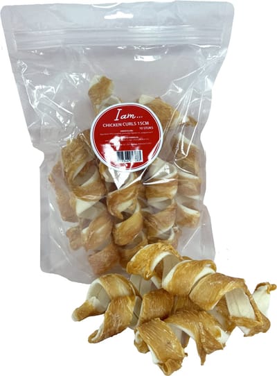 Kauwsnack I AM Chicken Curls - Runderhuid met Kippenborst - 10 Stuks, 15 cm, Glutenvrij