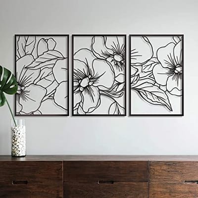 Minimalistische Zwarte Bloemen Wandkunst - Set van 3 Abstracte Muurdecoratie 45 x 30 cm