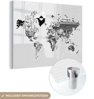 MuchoWow® Glasschilderij 80x60 cm - Schilderij acrylglas - Wereldkaart - Pixel - Zwart Wit - Foto op glas - Schilderijen