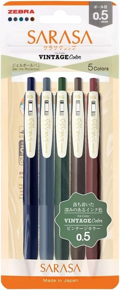 Zebra Sarasa Clip Gel Pen - 0.5 mm - Vintage Color # 1 - 5 Color Set + 5 Vintage Color Refills + Extra een Zebra Two Sided Brushpen