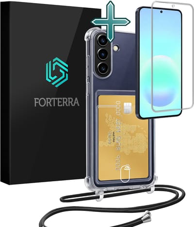 Hoesje Geschikt voor Samsung A57 Pashouder Case Siliconen Hoes Met Koord Met Screenprotector - Hoes Geschikt voor Samsung Galaxy A57 Met Telefoonkoord Hoesje Back Cover Met Pasjeshouder - Transparant