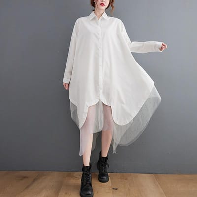 Coréen Grand Ample Faux Deux Pièces Grand Balancement Splicing Irrégulier T-shirt Jupe en Maille Double Couche One size blanc