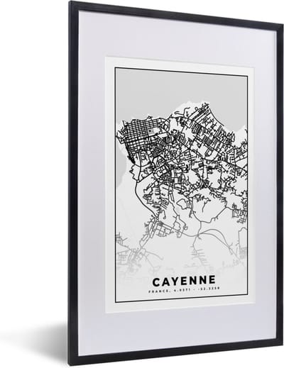 Fotolijst incl. Poster Zwart Wit- Stadskaart - Frankrijk - Kaart - Plattegrond - Cayenne - Zwart wit - 40x60 cm - Posterlijst