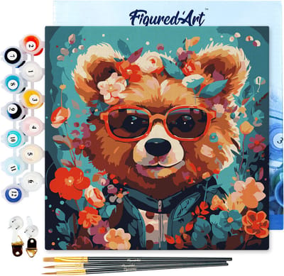 Figured'Art Mini Schilderen op Nummer Volwassenen 20x20cm met lijst Fantasie beer en bloemen - Klein Formaat Creatieve Hobby Kit DIY Art Nummer Compleet