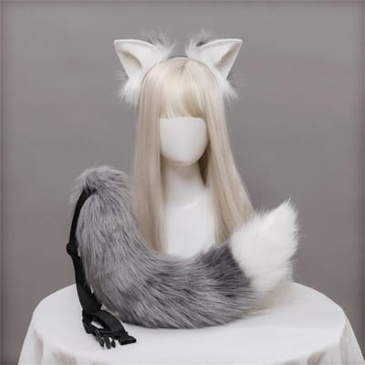 2 stuks/set Pluche Kattenoren Staart Bont Gevuld Fursuit Lolita Hoofdband Kattenstaart Cosplay Accessoires Handgemaakt Simulatie Dierenoor Hoofddeksel ear and tail gray