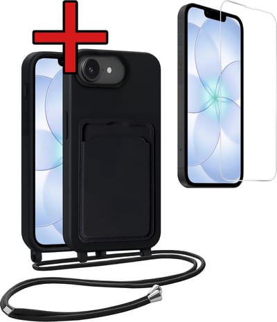 Hoesje Geschikt voor iPhone 17e Hoesje Siliconen Case Met Koord Met Screenprotector - Hoes Geschikt voor iPhone 17e Hoesje Backcover Met Telefoonkoord - Zwart