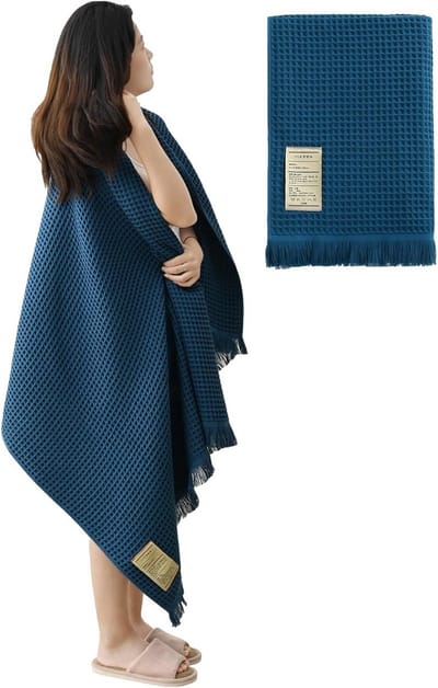 Katoen Wafel Handdoek - Grote Badlaken - Na Douche Gebruik - Sneldrogend Zacht - 180x90cm - Blauw