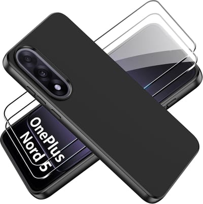 Hoesje + Glas Geschikt voor Oneplus Nord 5 - Zwart - Casemania Siliconen Back Cover met Camera Bescherming met 2x Tempered Glazen Screenprotector - Extra Stevig Val en Stootbescherming