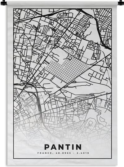 Wandkleed - Wanddoek - Stadskaart - Plattegrond - Pantin - Kaart - Frankrijk - Zwart wit - 120x180 cm - Wandtapijt